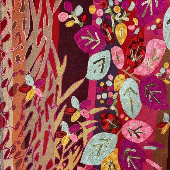 Embroidered Colorful Red Leaf / Floral  Wool? Scarf Shawl Wrap Stole 76" Long - Picture 4 of 14